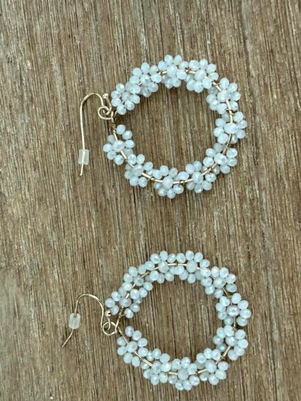Delicate White Beaded Floral Hoop Earrings - Women Jewelry